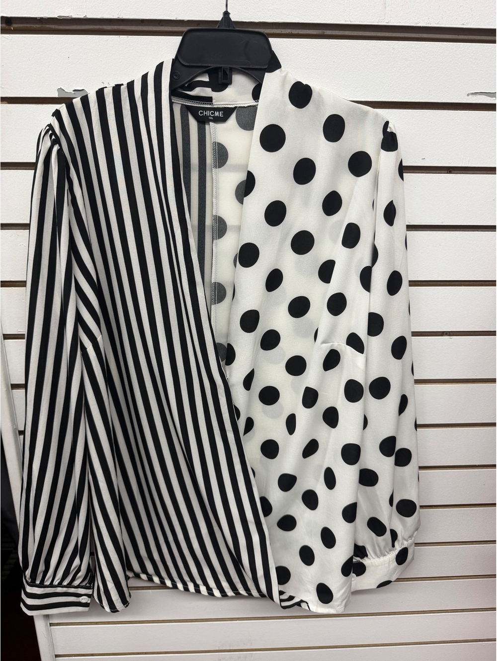 CHICME 1XL Black White Mixed Print Striped Polka Dot Open Front Blouse